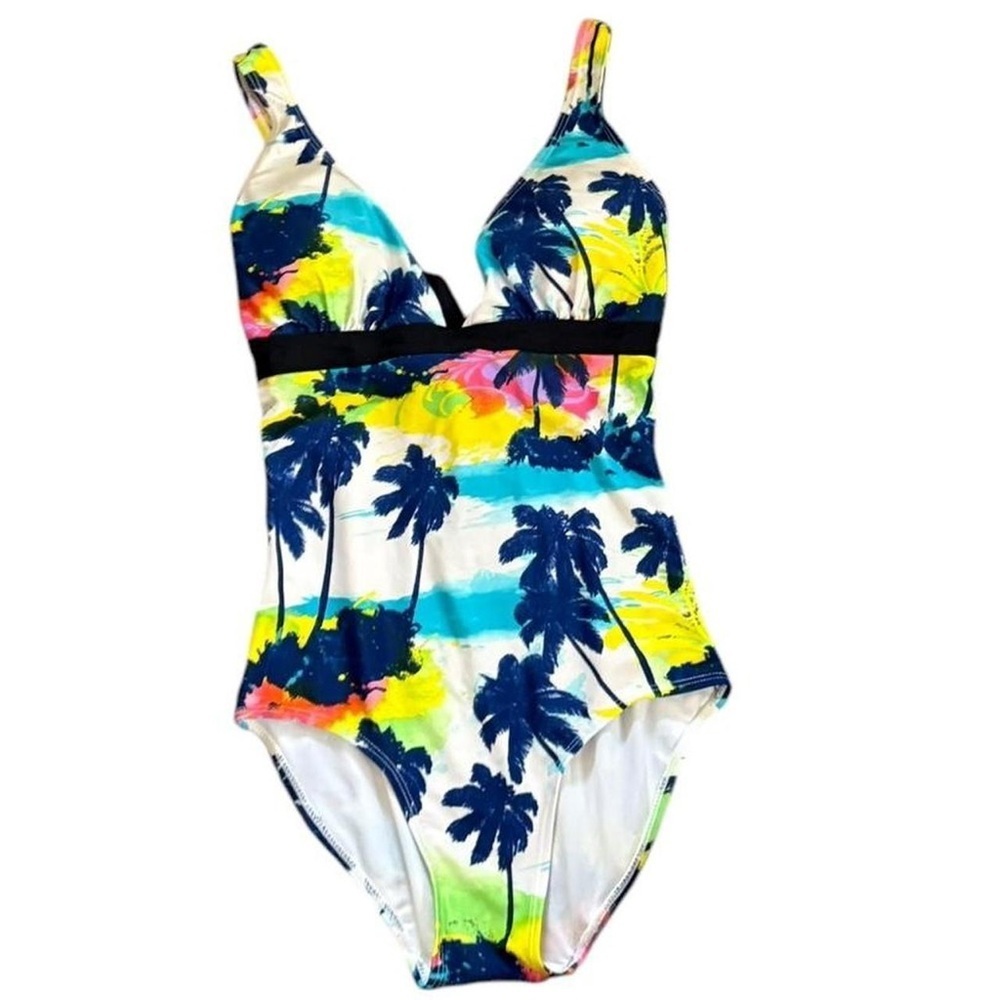 Blue and Yellow One Piece Swimwear with Tropical Print